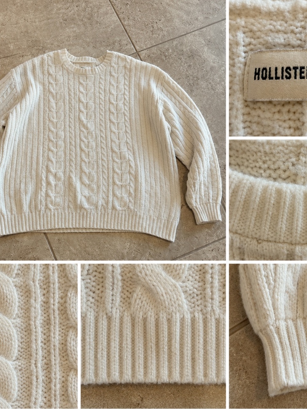 Hollister Men's Off-White Cable Knit Crewneck Sweater